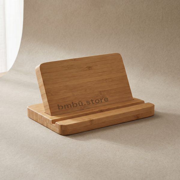 Bamboo phone holder brand face — bmbū.store wordmark