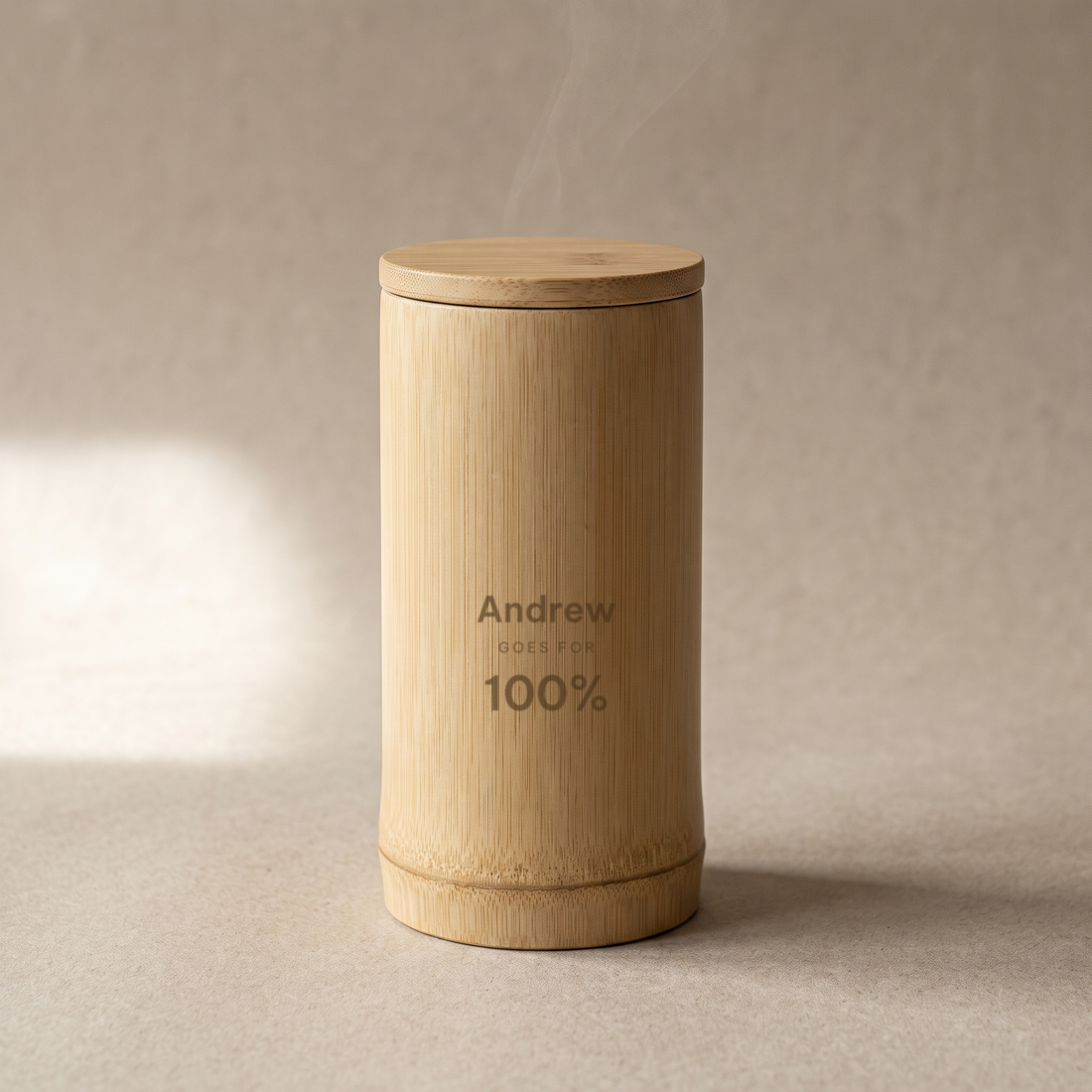 Bamboo joint travel mug engraved Andrew GOES FOR 100%