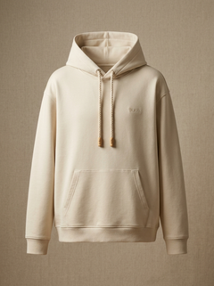 The Bmbū 100% Lite Hoodie in Raw Oatmeal, front view with the twisted bamboo drawcord and laser-engraved bamboo aglets at the hood base, tonal 100% mark on the left chest