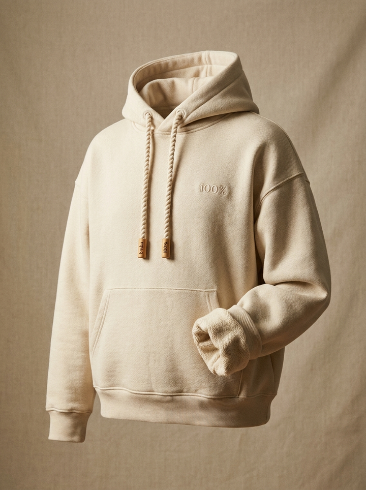 The Bmbū 100% Heavy Hoodie in Raw Oatmeal loopback terry, front view with turned cuff showing the terry loops, twisted bamboo drawcord and laser-engraved bamboo aglets, tonal 100% mark